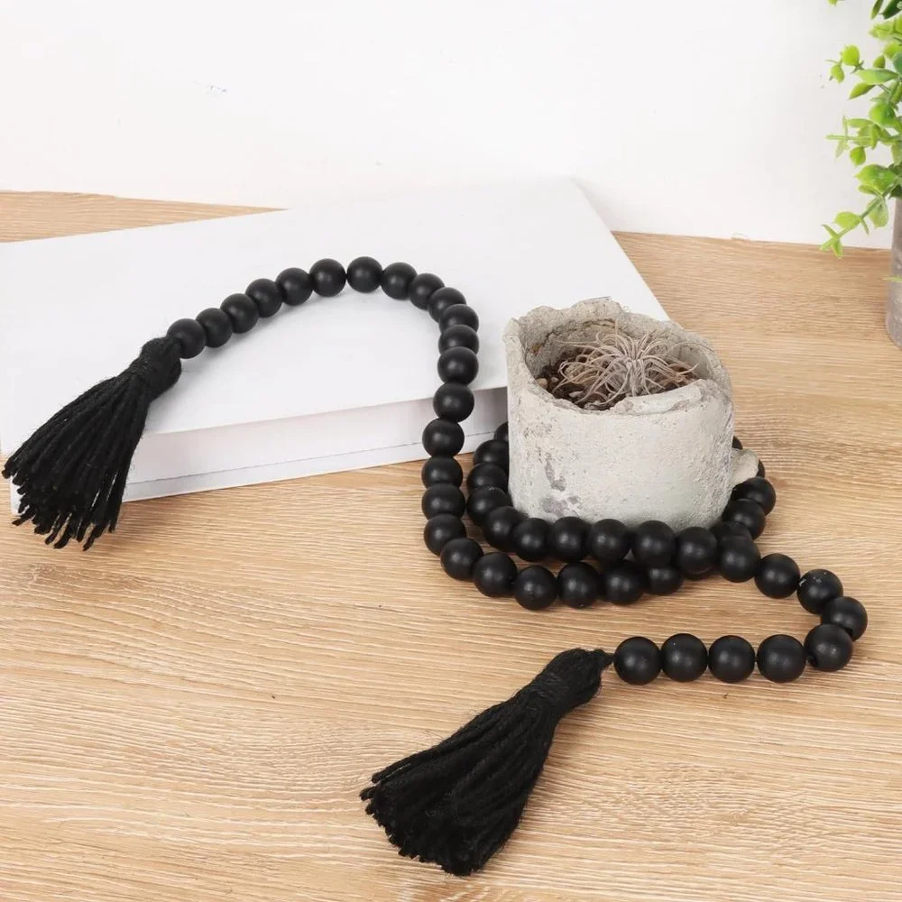 Black Wood Tassels Rustic Prayer Beads Boho Beads for Home Wall Hanging Decor